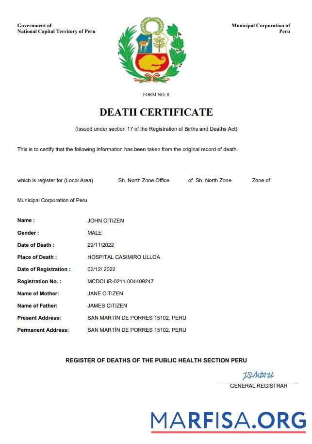 Downloadable Peru vital record death certificate Word and PDF template